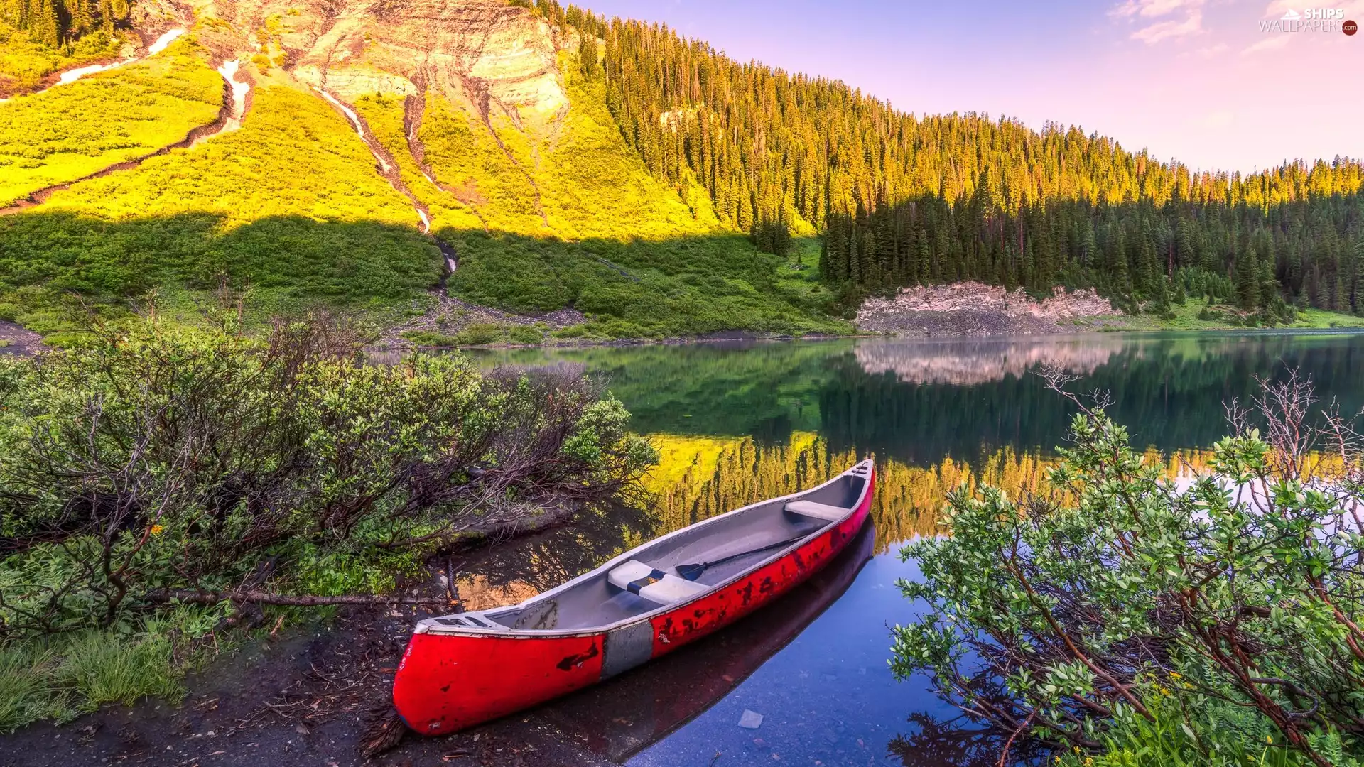viewes, Kayak, River, trees, Mountains