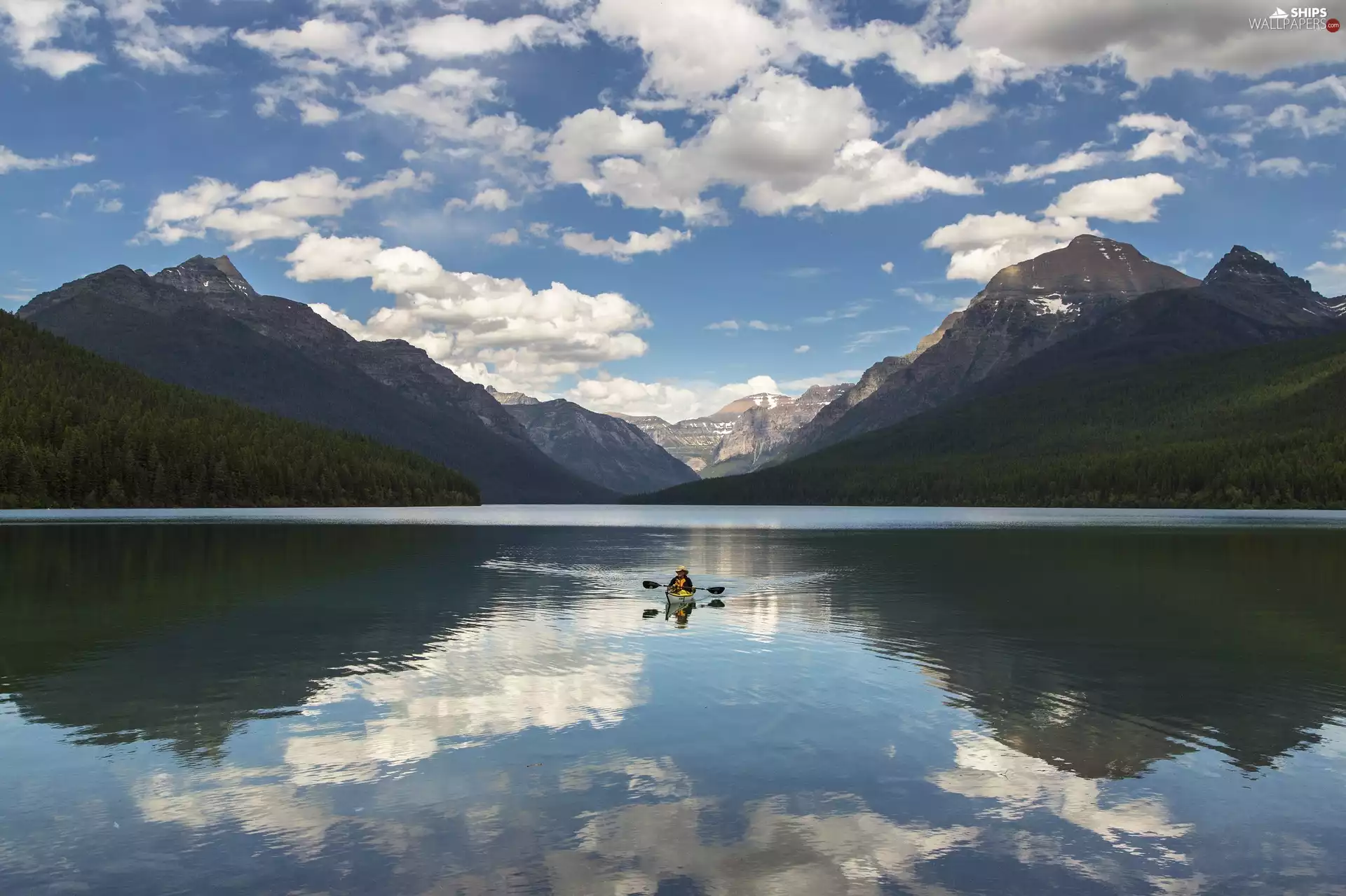 Mountains, USA, Sky, Kayak, lake, reflection, clouds