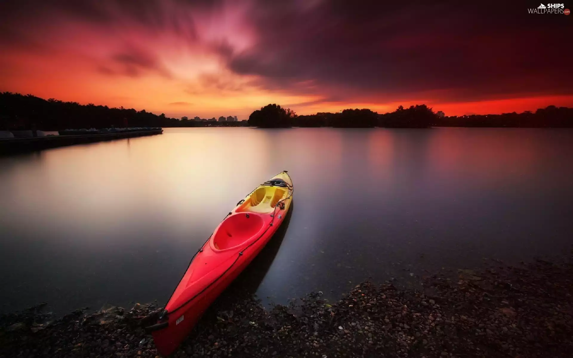 lake, Kayak, sun, forest, west