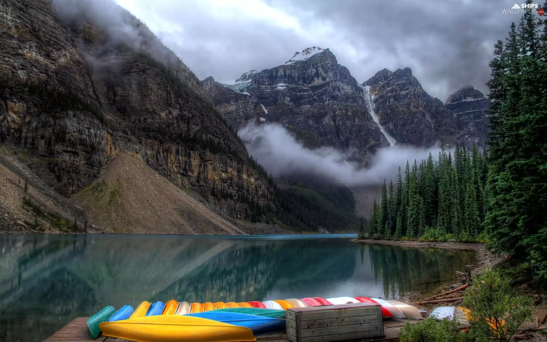 lake, Kayaks, forest, Fog, Mountains