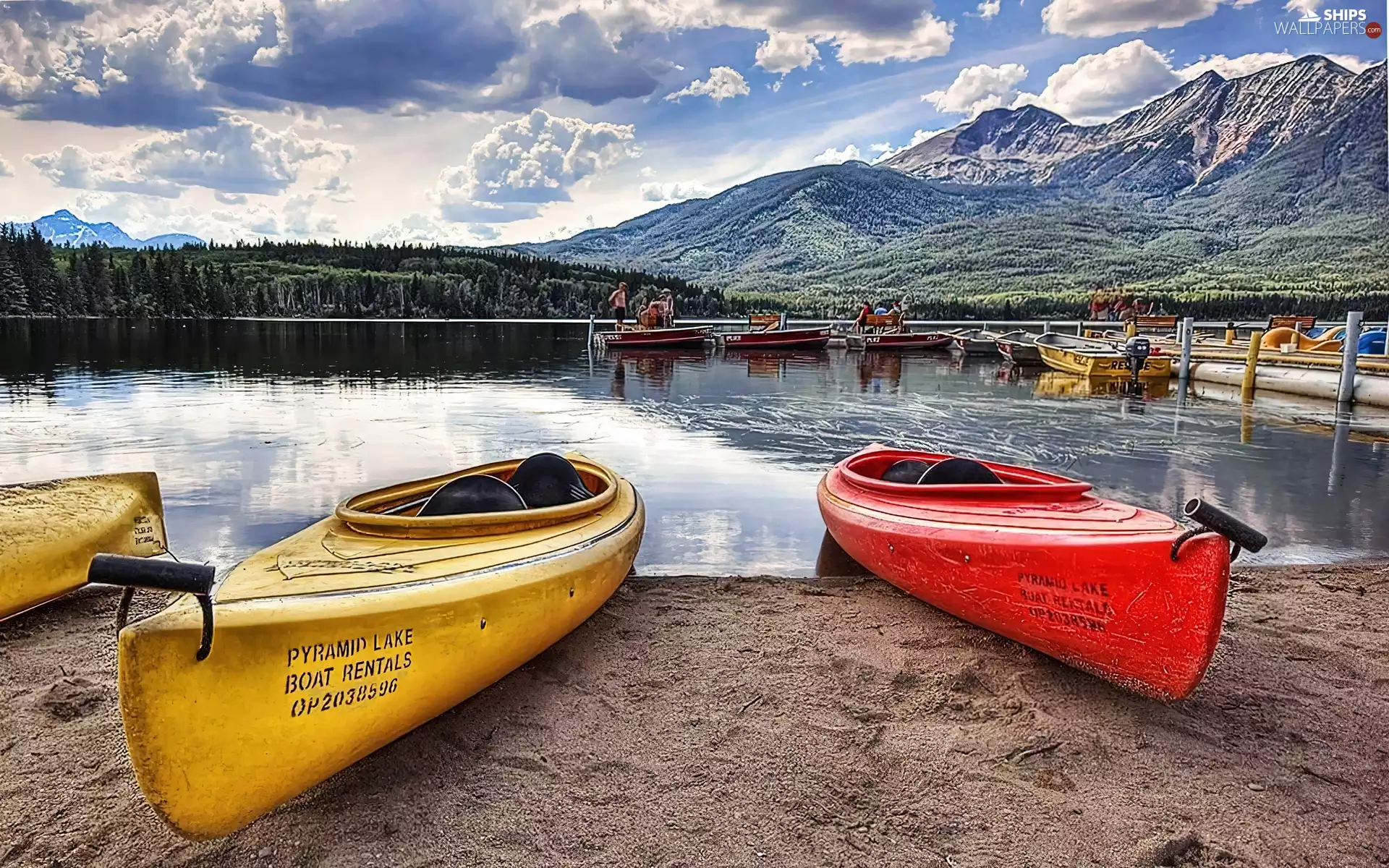 Kayaks, lake, Mountains