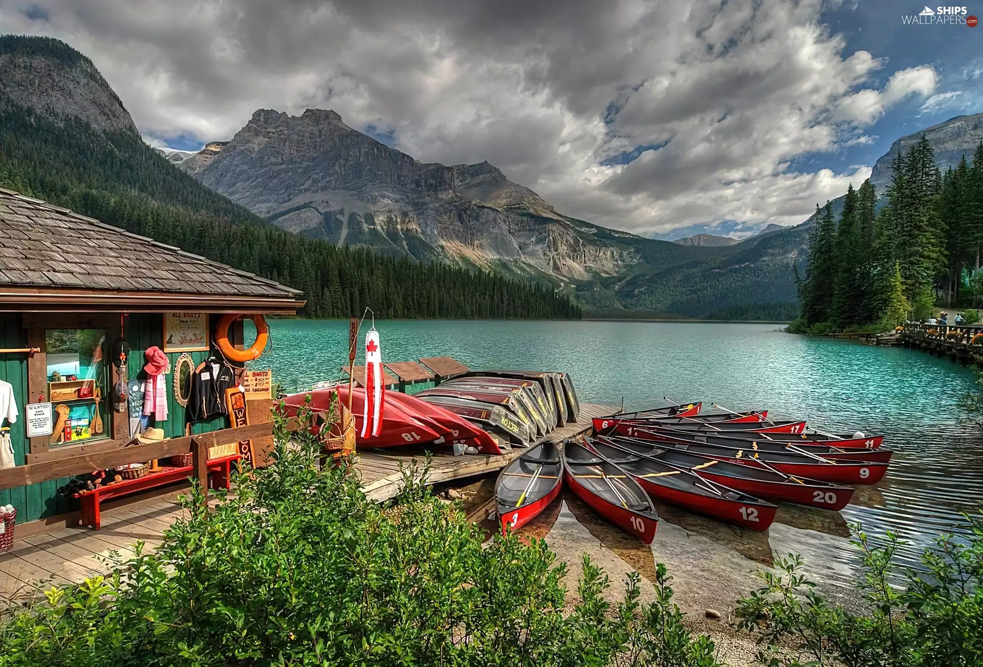 Sky, Kayaks, River, Clouds, Mountains