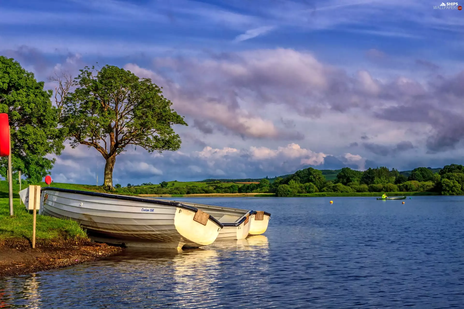 trees, Scotland, boats, coast, viewes, Lake Loch Ken