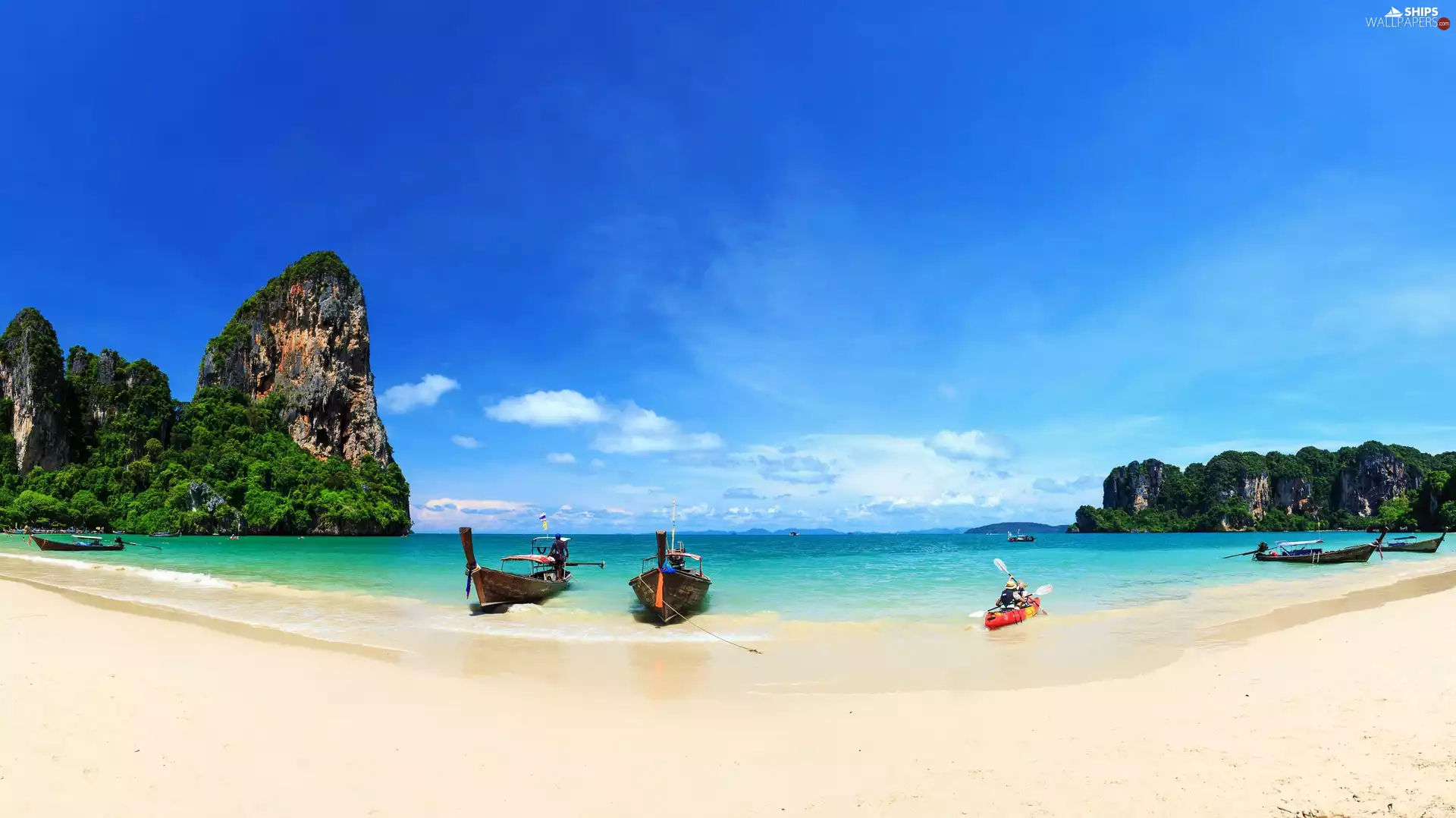 viewes, Railay Beach, Krabi Province, Kayak, Thailand, Andaman Sea, rocks, clouds, boats, trees