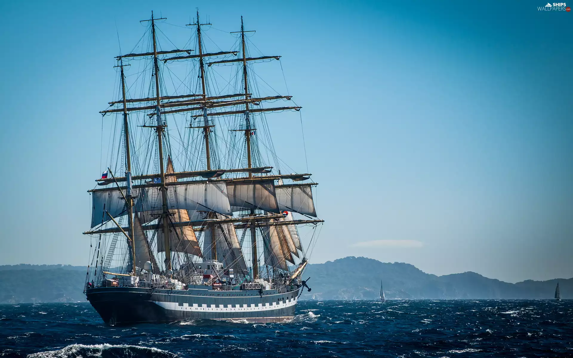 Sailing ship STS Kruzensztern, sails, sea, Masts