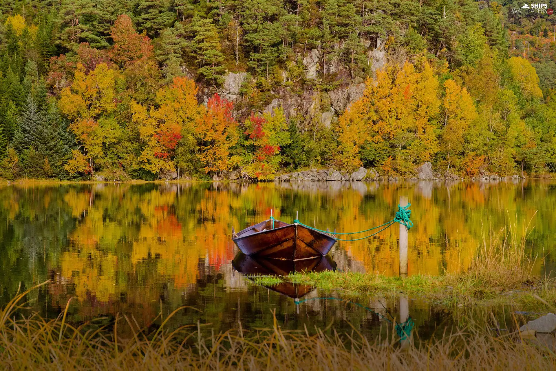 autumn, Boat, forest, lake