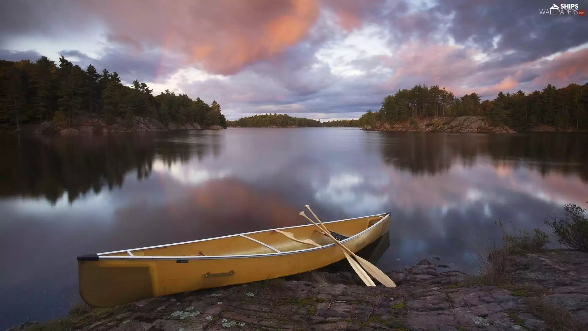 Boat, forest, clouds, lake