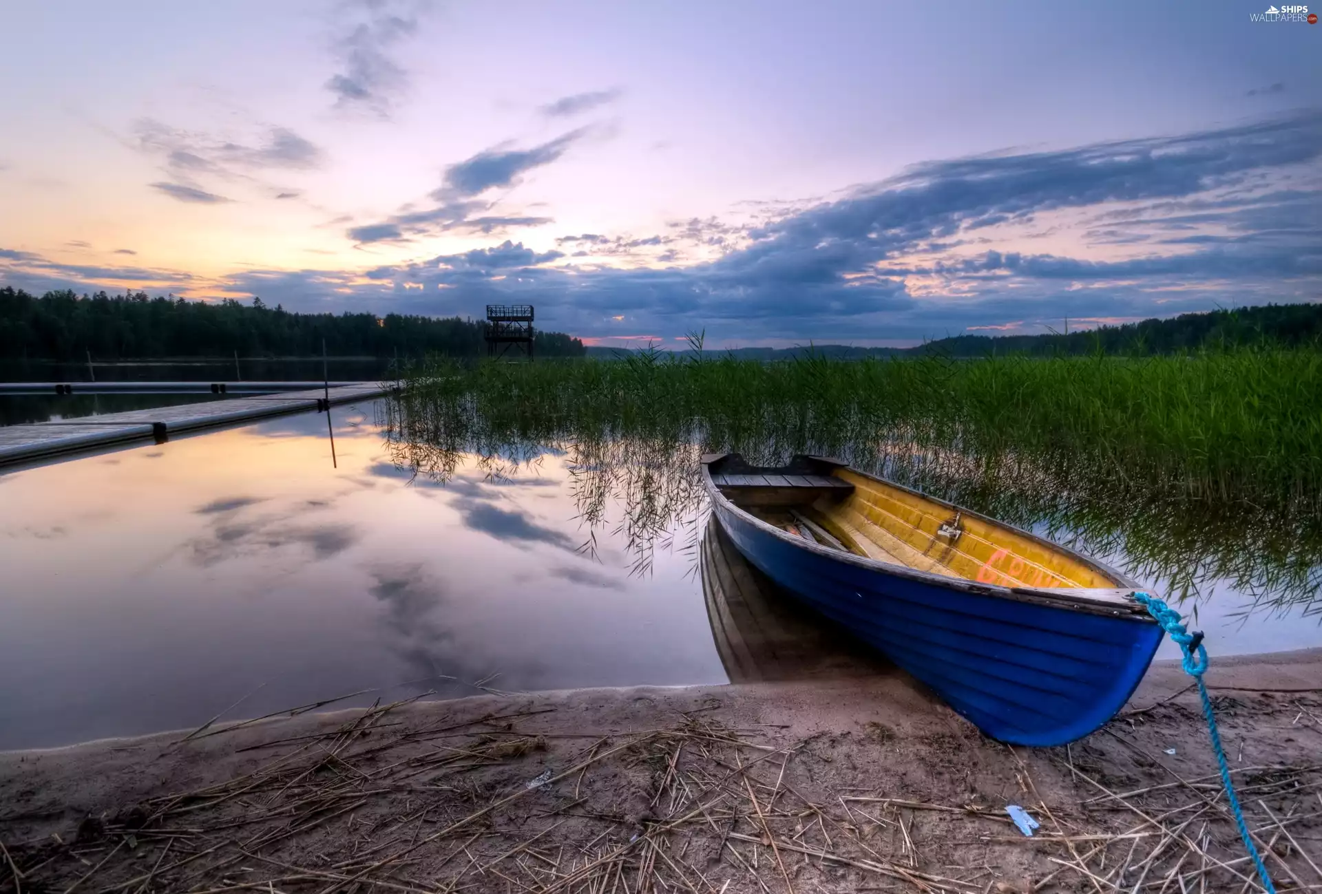 Boat, grass, clouds, lake