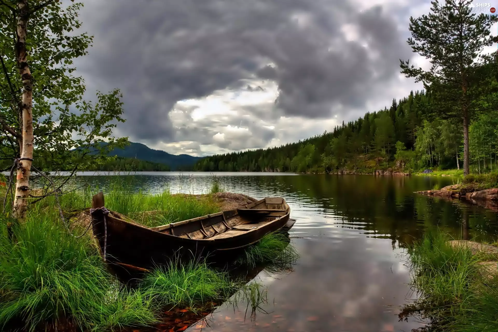 Boat, Mountains, woods, lake
