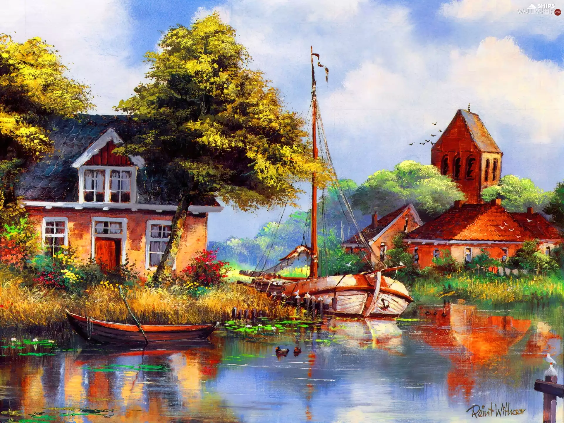 lake, Houses, boats