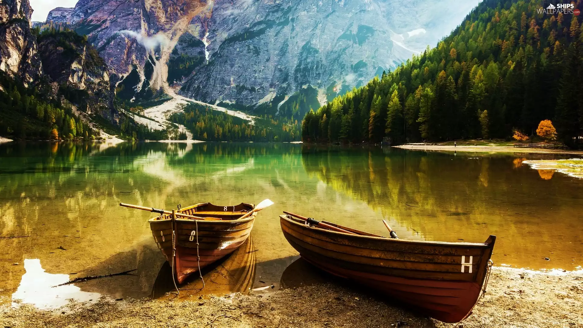 boats, Mountains, woods, lake