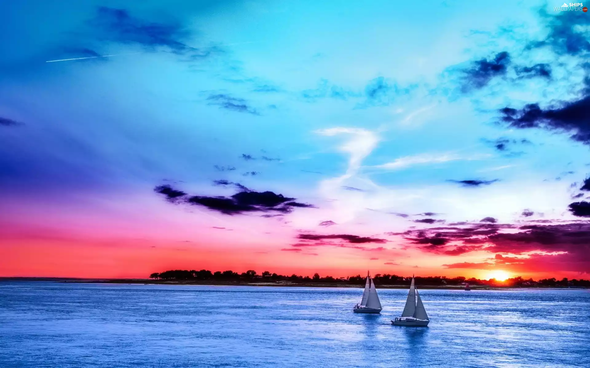 west, sun, Yachts, lake, Two cars