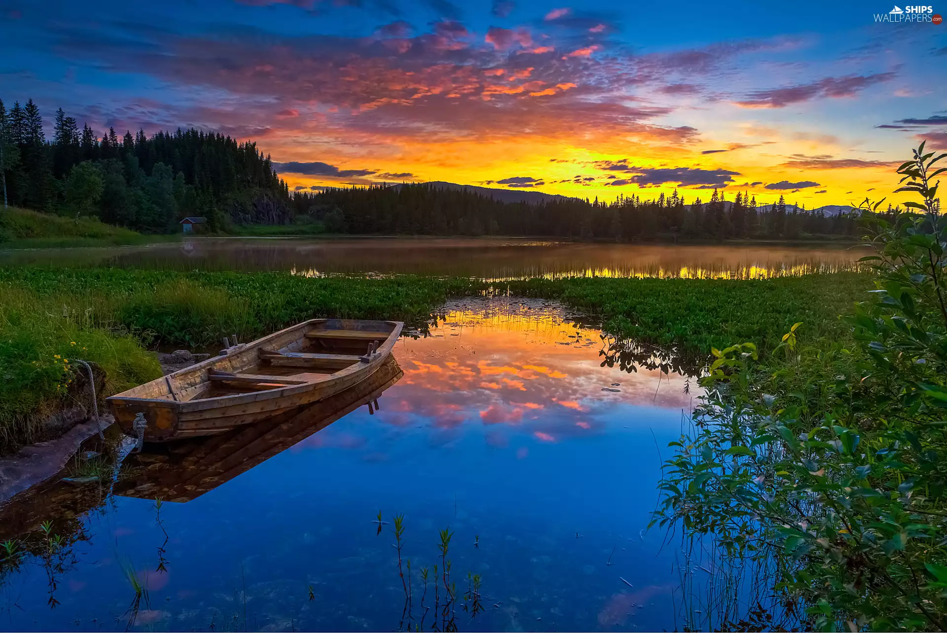 lake, Boat, west, sun, viewes, grass, clouds, trees, reflection