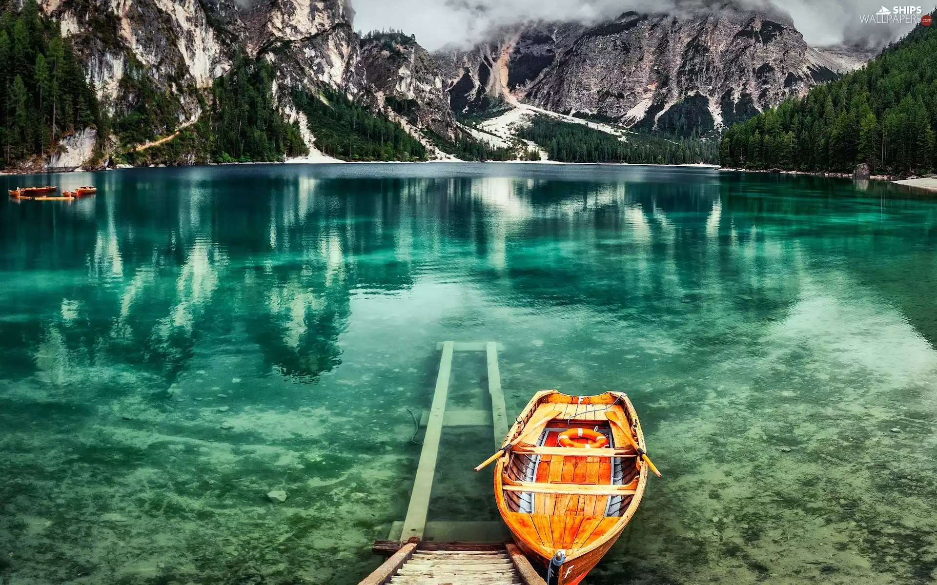 lake, Pragser Wildsee, Italy, Platform, Fog, Dolomites, Mountains, Boats