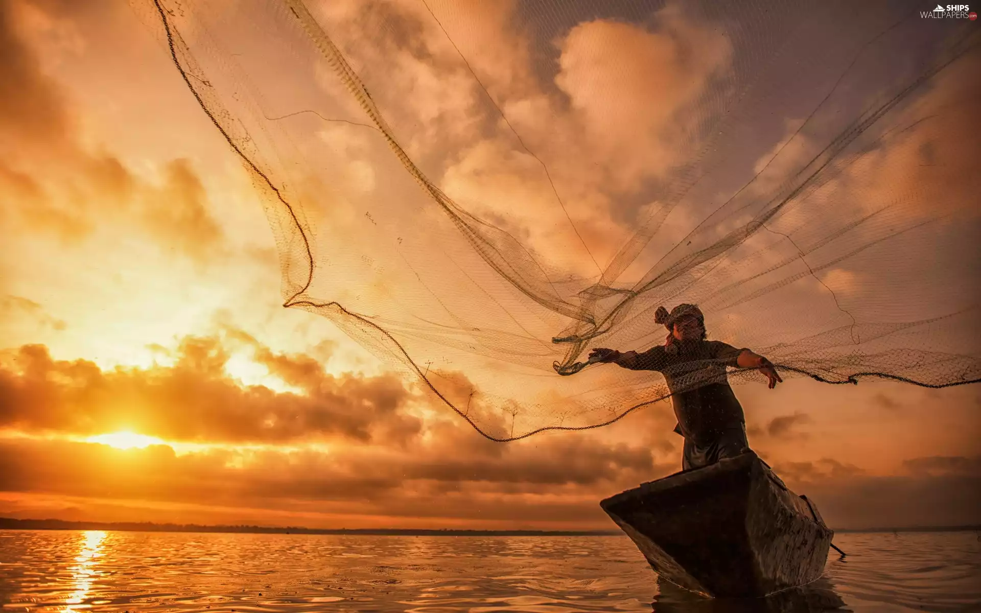 Lodz, Networks, east, lake, fisherman, clouds, sun