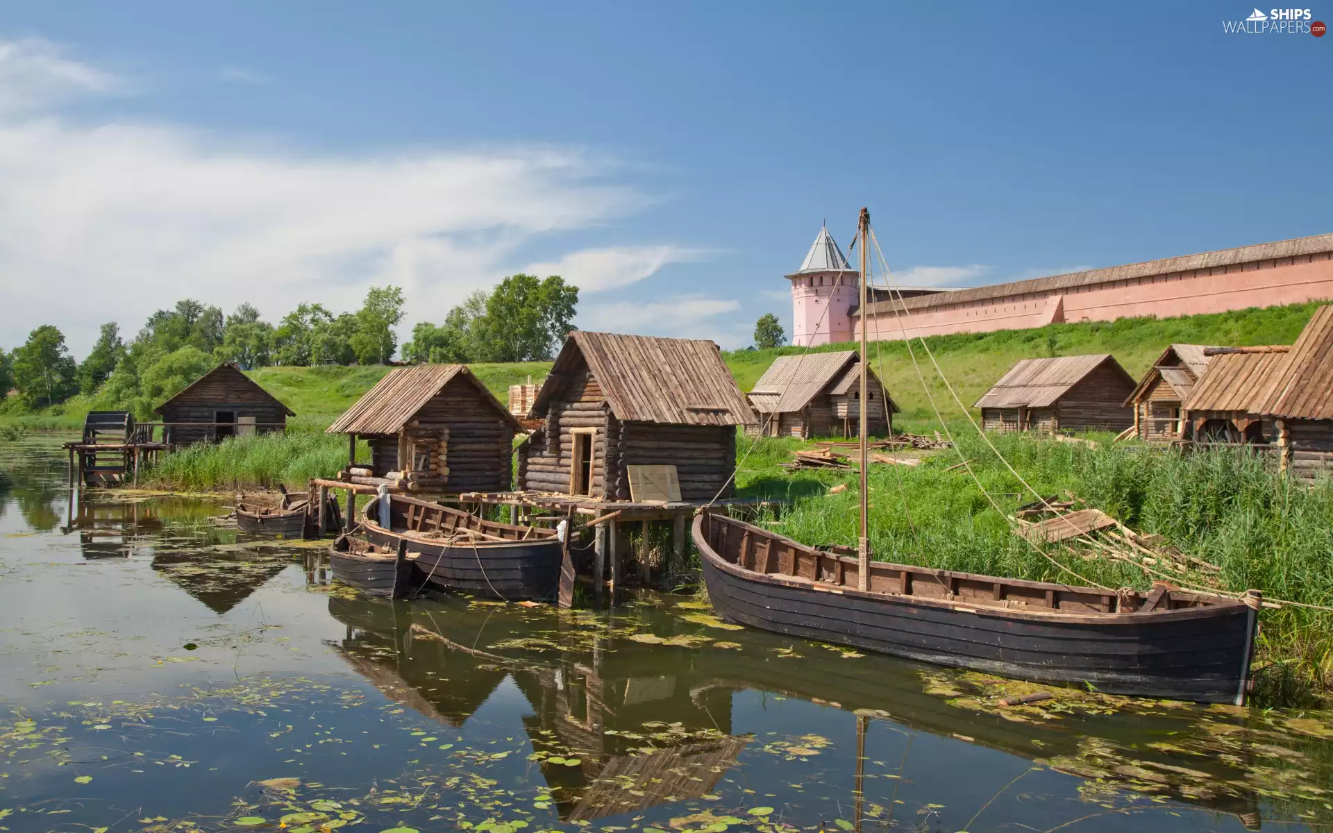 Houses, lake, Fishing, Boats, colony