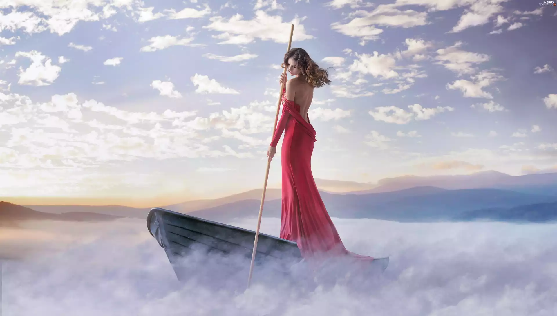 dress, Women, Fog, lake, Boat, red hot