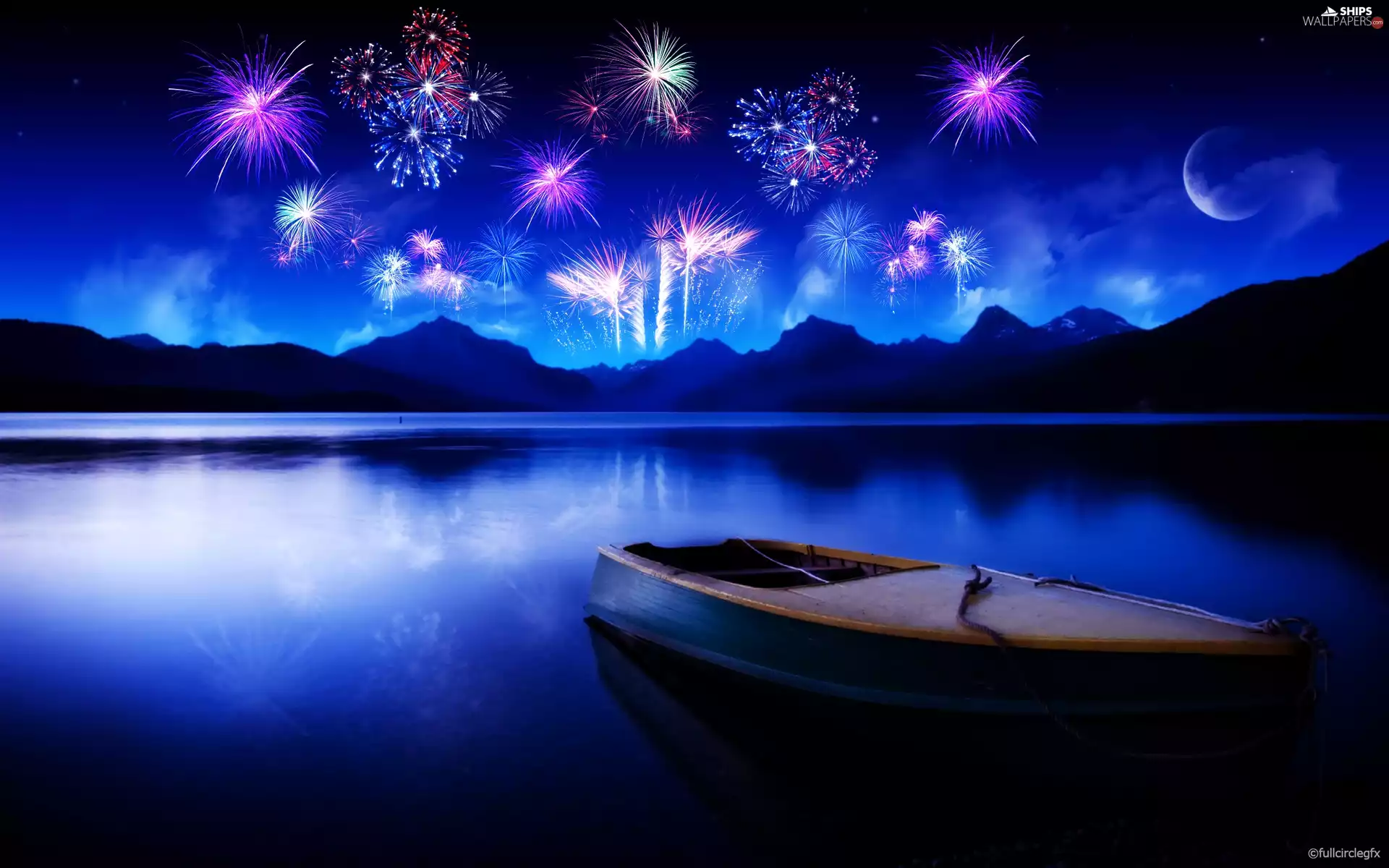 graphics, Boat, fireworks, lake