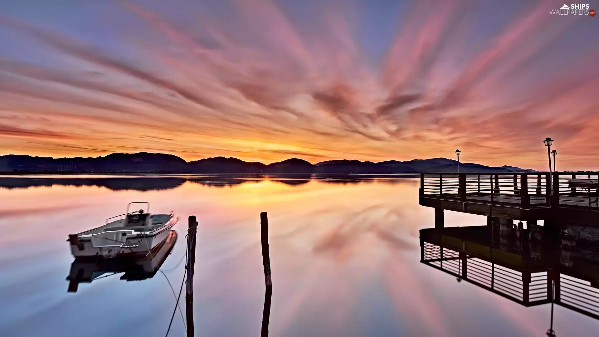 The Hills, Great Sunsets, pier, Motor boat, lake