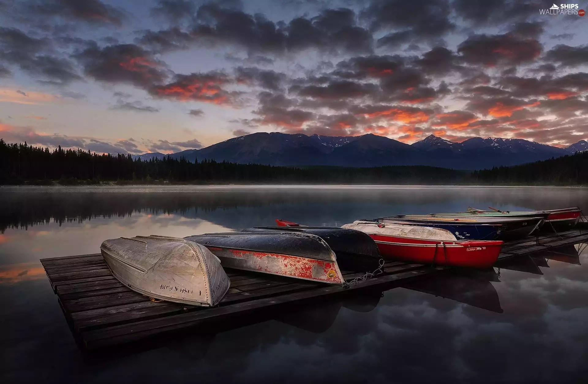 boats, lake, Great Sunsets, Platform