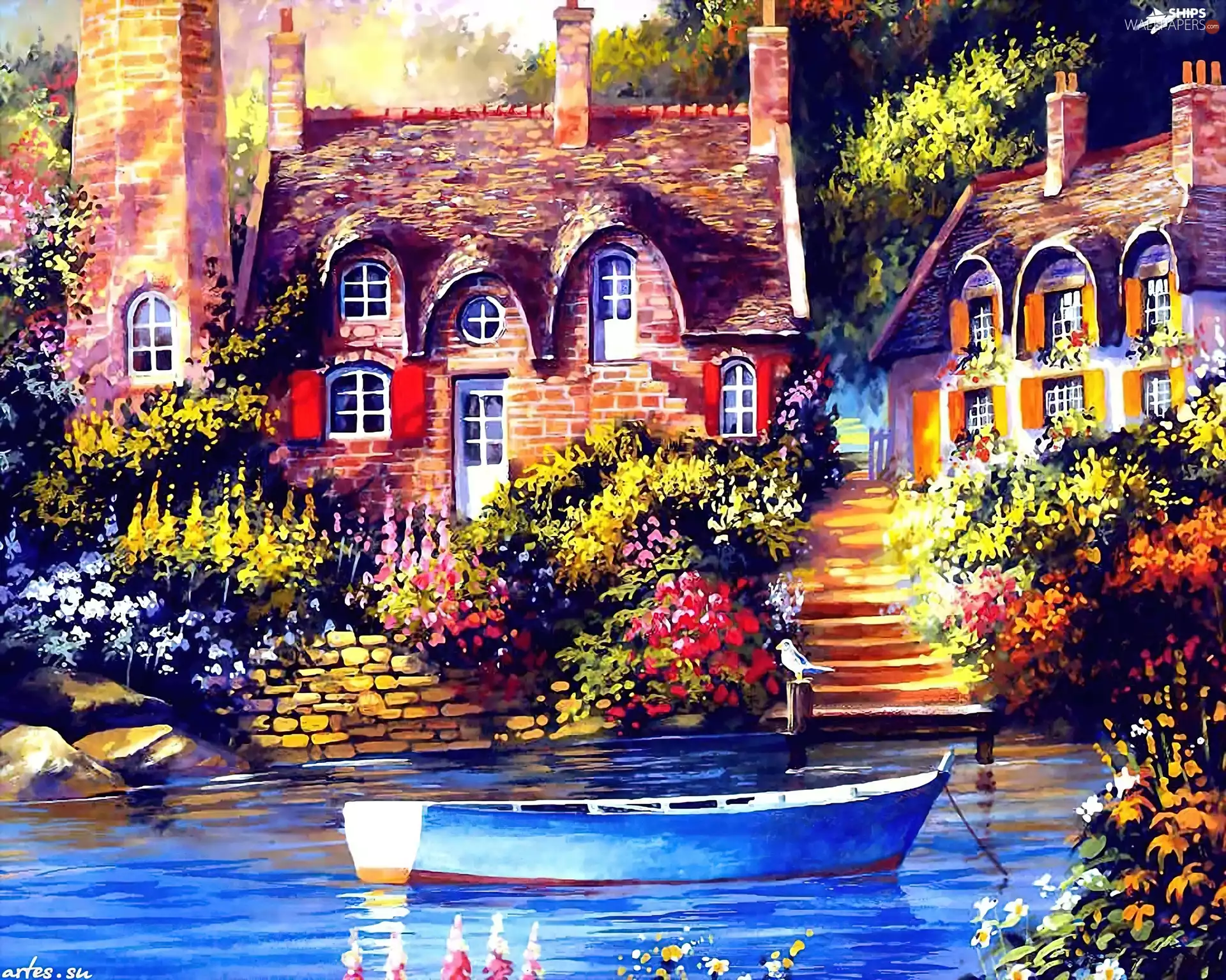 Houses, Boat, Stairs, lake