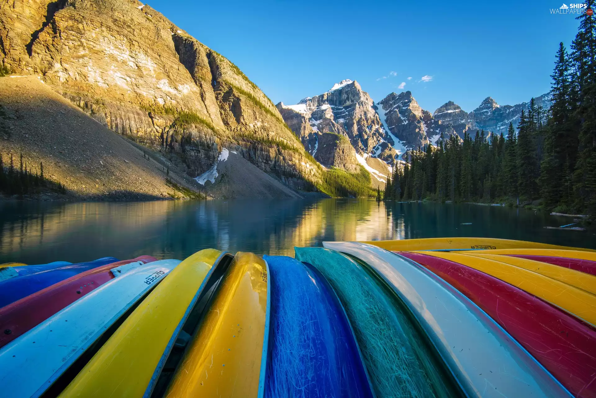 forest, lake, Kayaks, Mountains, color