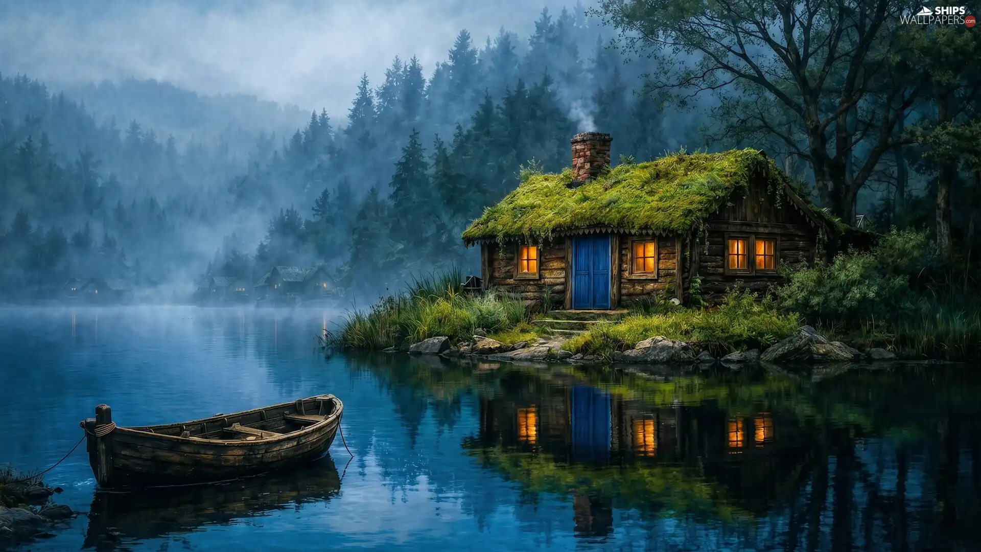 trees, house, the roof, Fog, Boat, lake, mossy, Ai, viewes, forest
