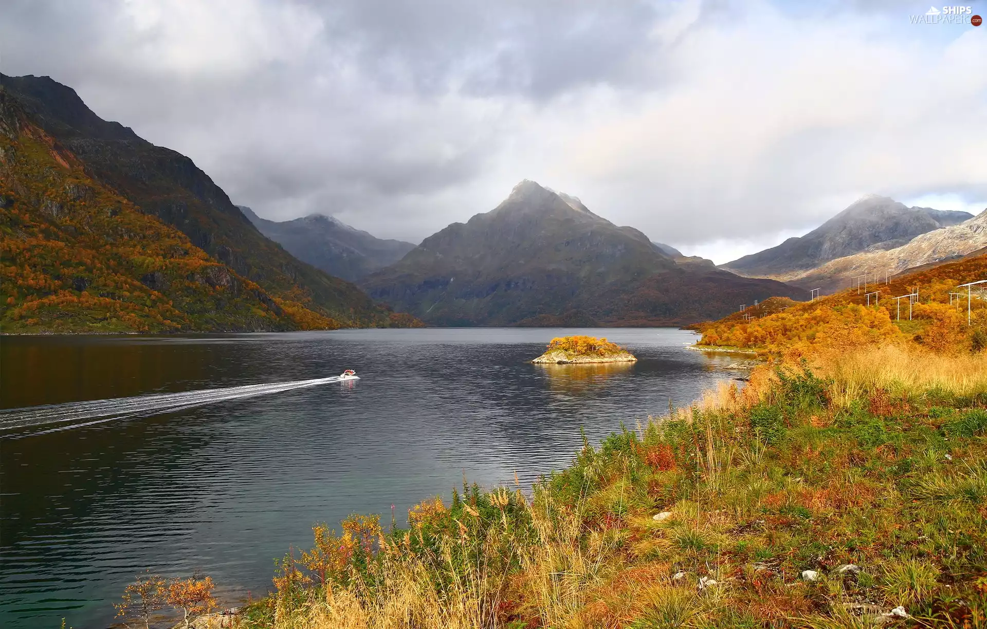 Motor boat, autumn, lake, Islet, Mountains