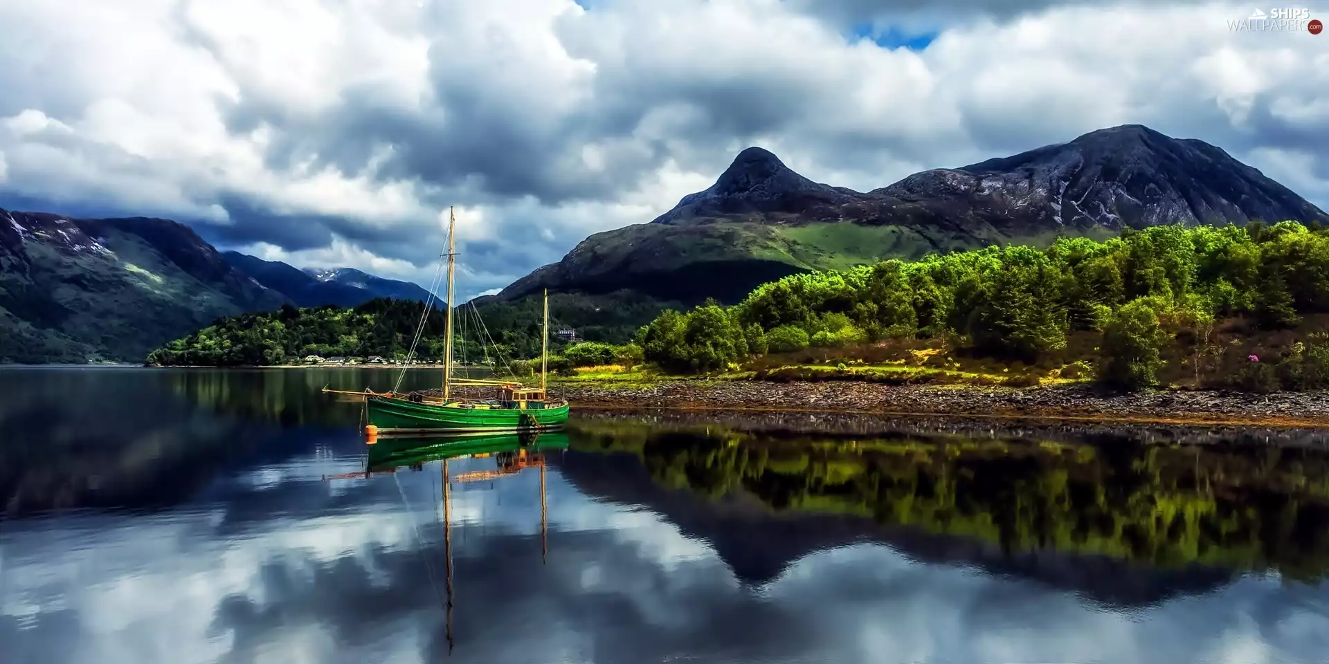 Mountains, Green, Boat, lake