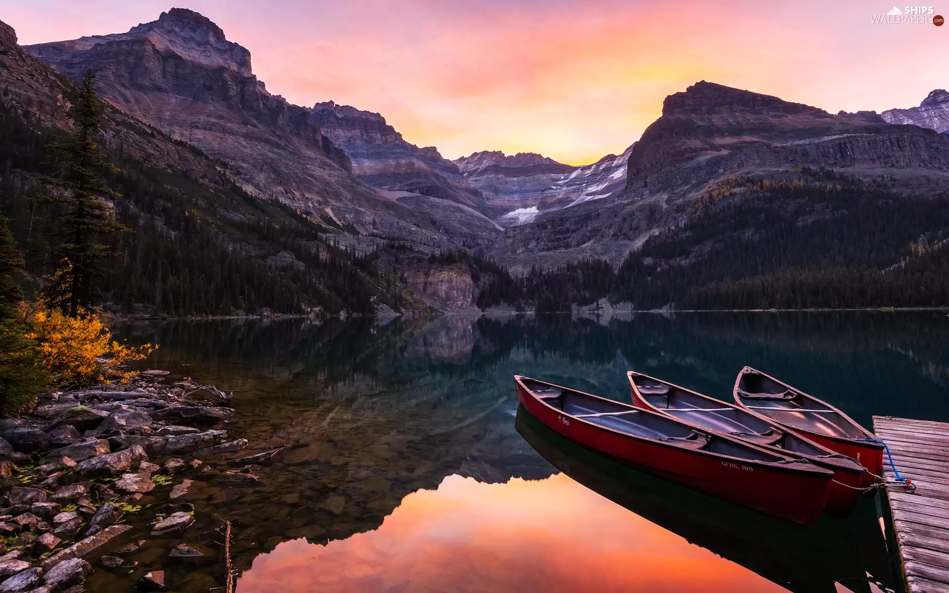 Mountains, rocks, Kayaks, lake