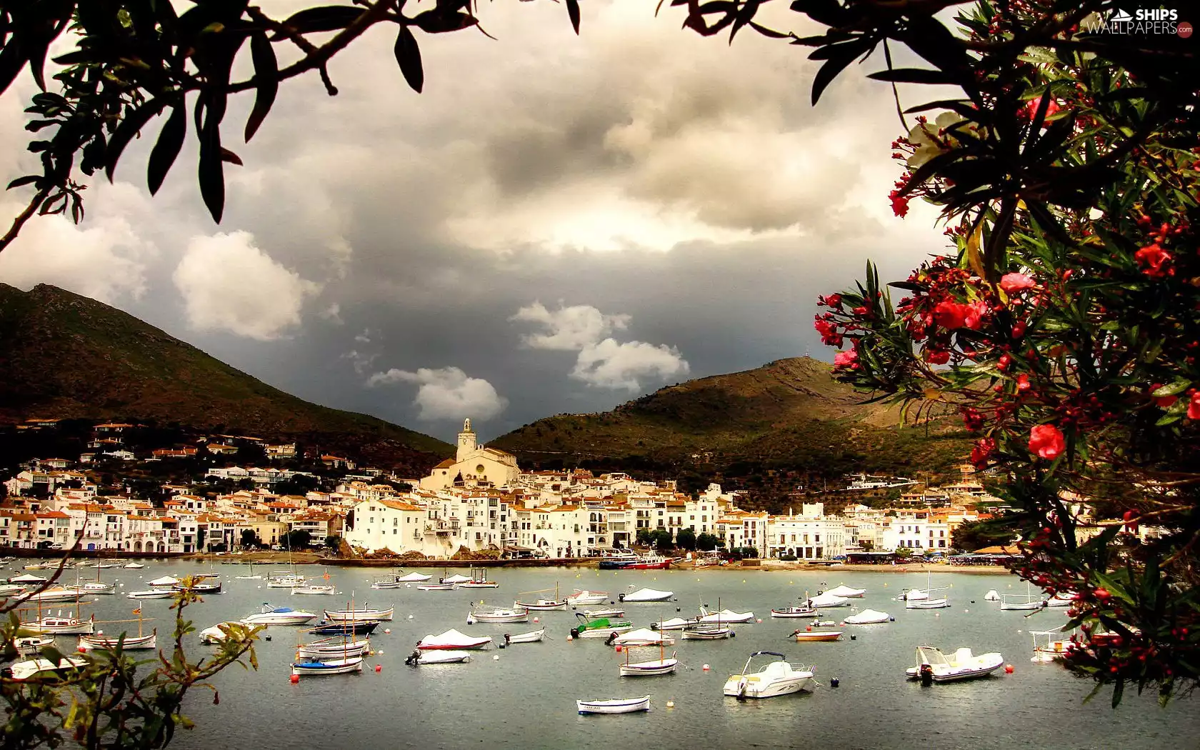 Mountains, Town, motorboat, lake