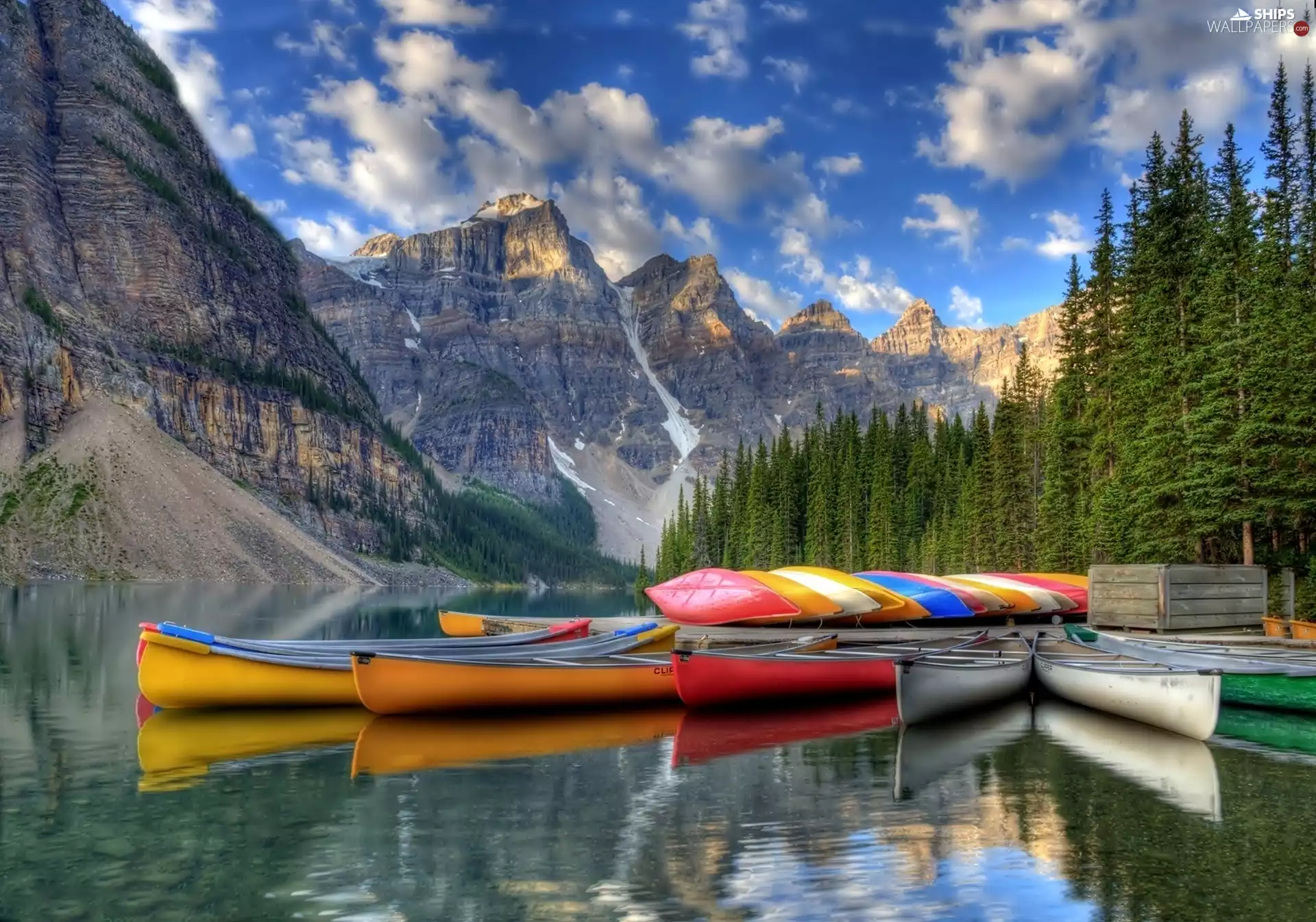 Mountains, Boats, Spruces, lake