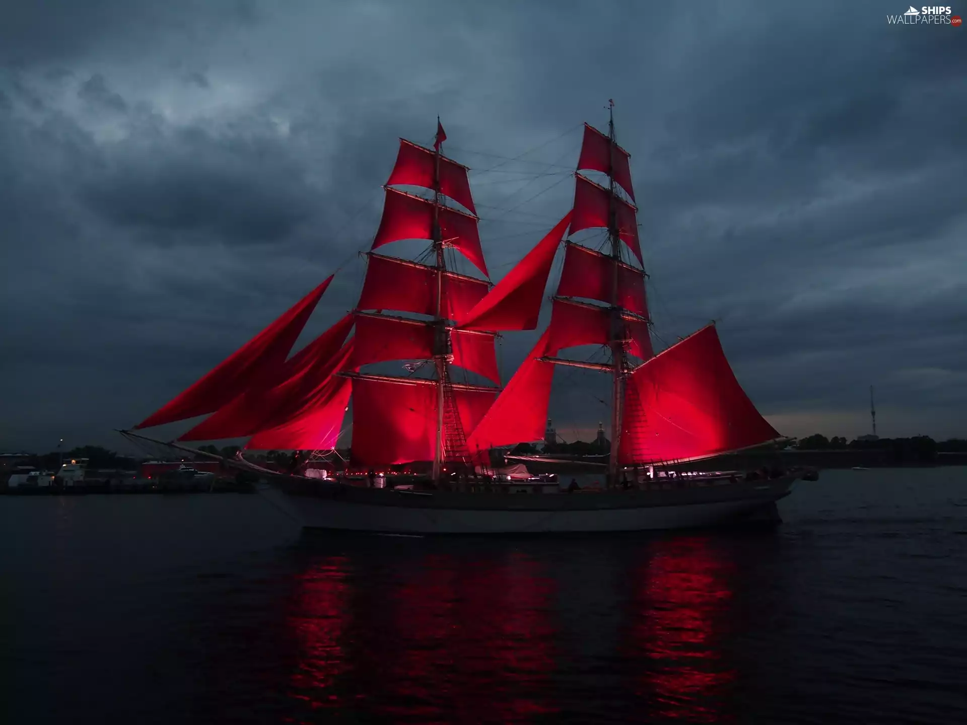 Night, sailing vessel, lake