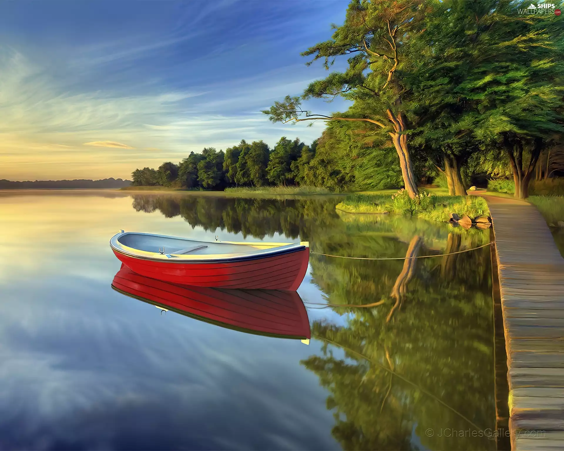lake, wooden, reflection, bridges, viewes, Boat, red hot, trees