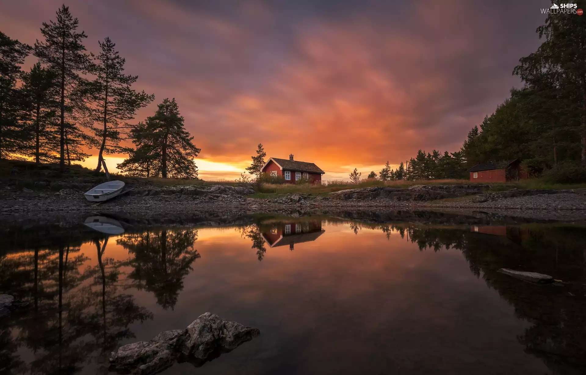 lake, Great Sunsets, Boat, trees, house, Ringerike, Norway, viewes