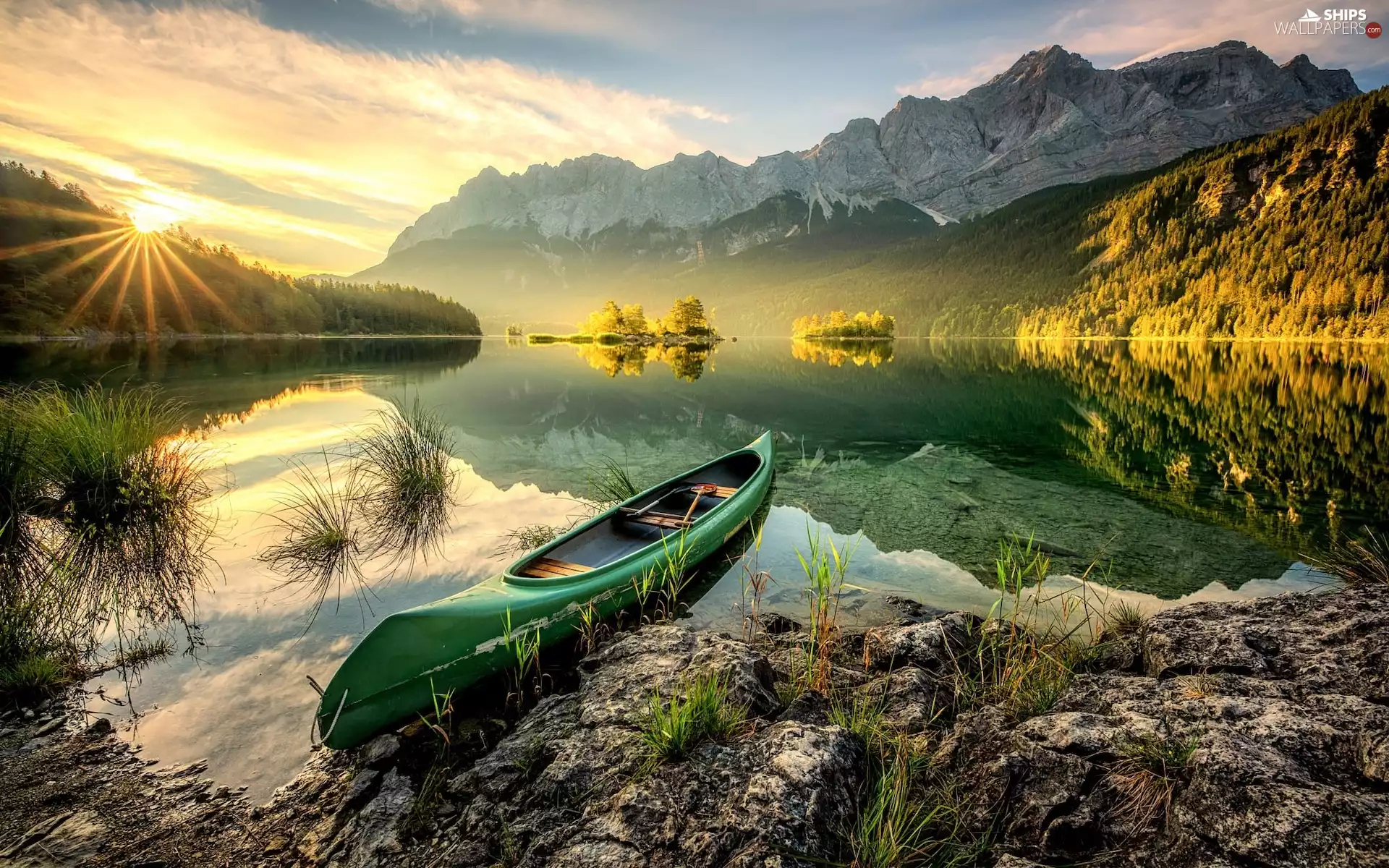 lake, Mountains, Eibsee, Sunrise, Germany, Bavaria, rocks, Kayak, sun
