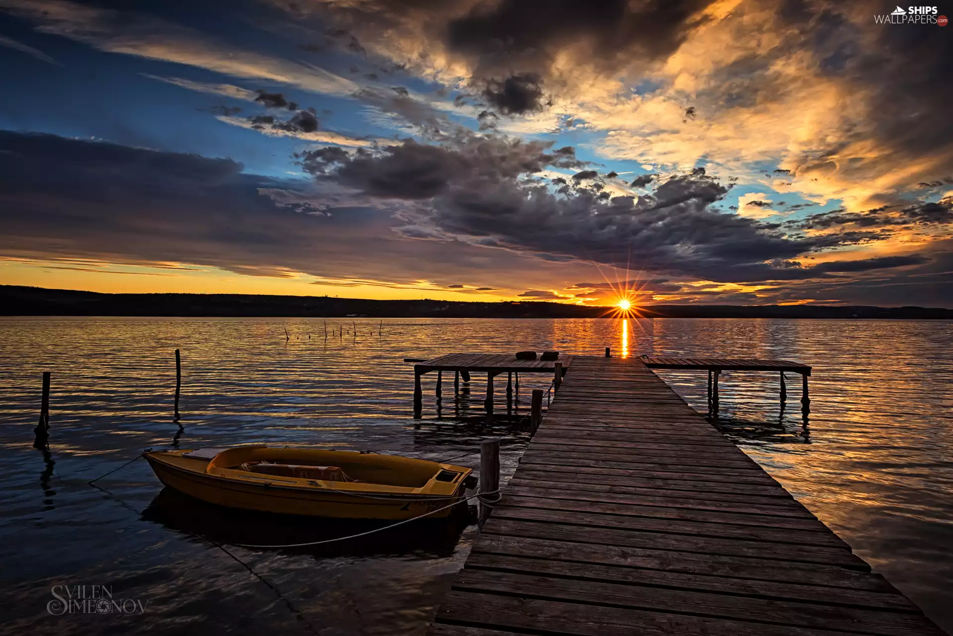 Platform, Boat, clouds, lake, Great Sunsets