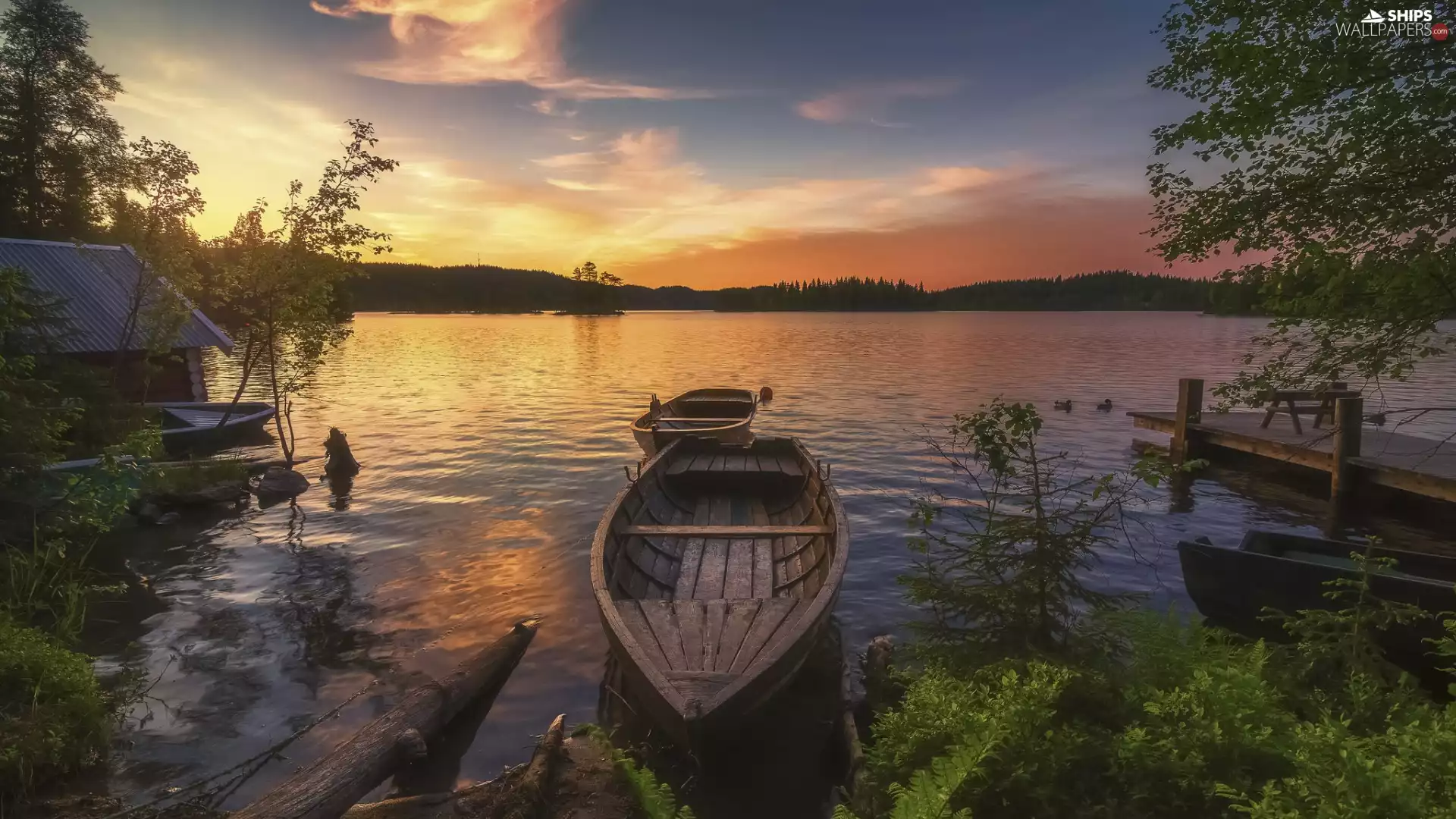 lake, Harbour, viewes, Platform, trees, Great Sunsets, Norway, boats