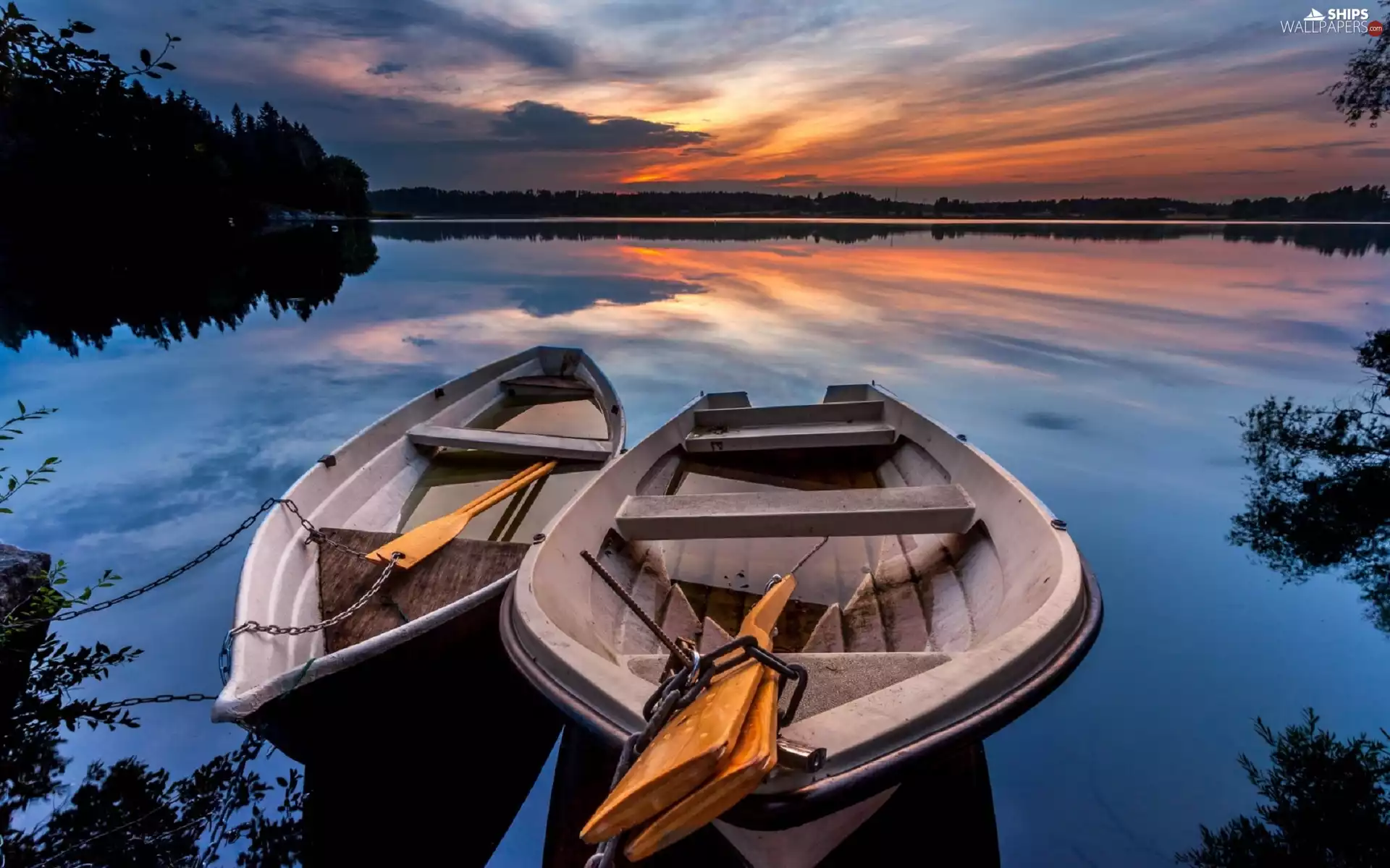 Two, sun, trees, lake, west, boats, viewes