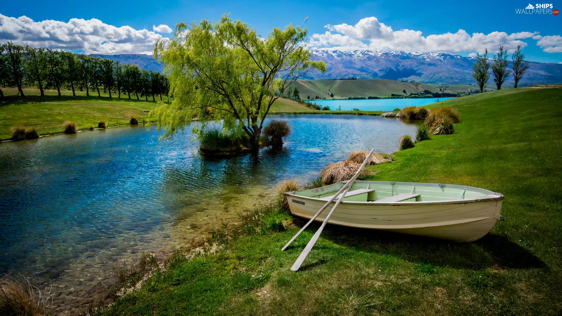 Mountains, trees, Boat, lakes