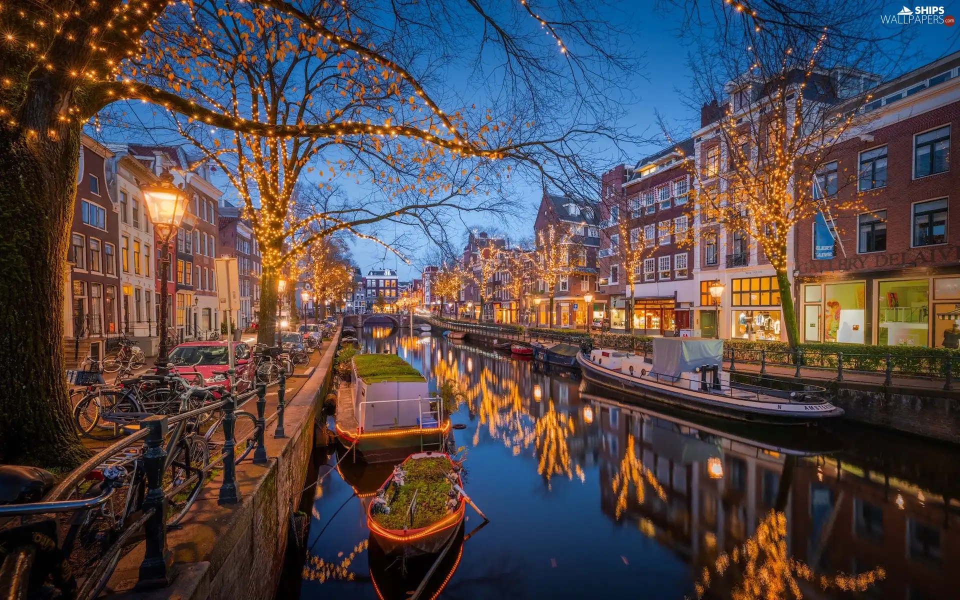 Houses, canal, evening, Boat, lighting, Street, Amsterdam, Lamp