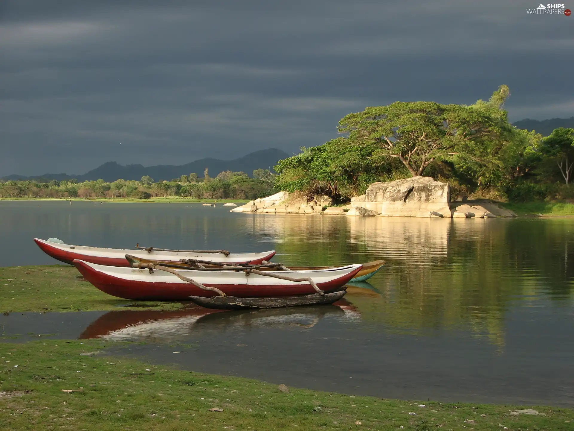 coast, Kayaks, viewes, craggy, lake, trees, Sri Lanka