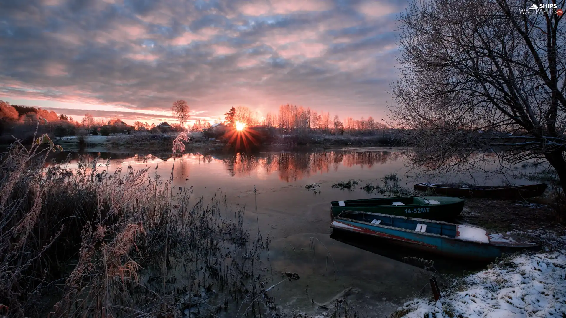 Great Sunsets, coast, boats, Latgale, trees, Dubna River, scrub, Latvia, winter, viewes