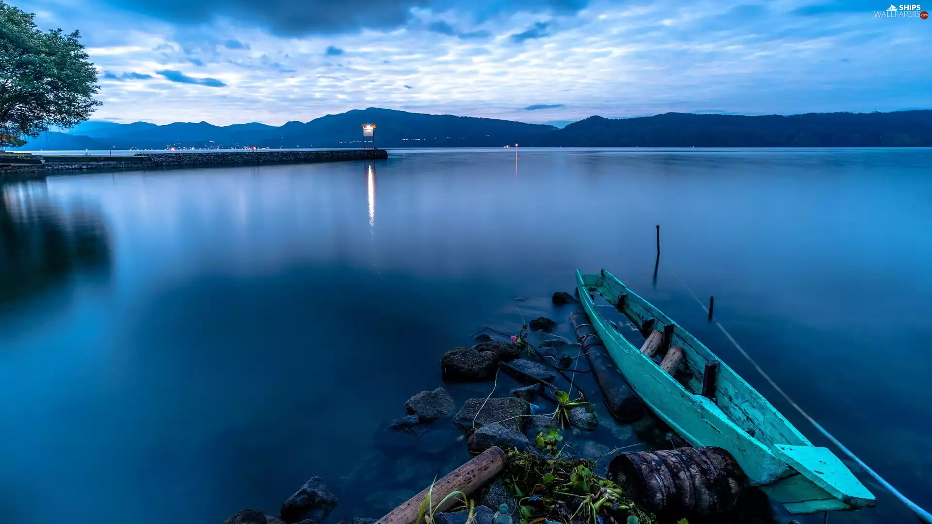 trees, light, Boat, Stones, lake