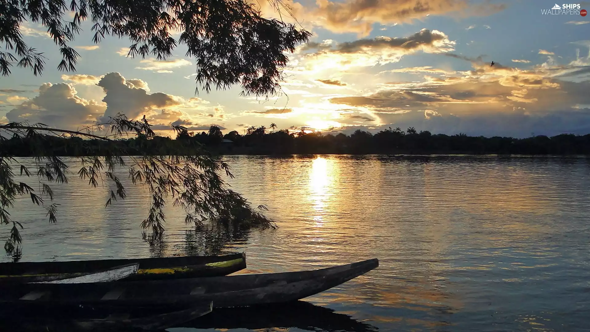 forest, Pira Parana, Przebijające, boats, River, clouds, light
