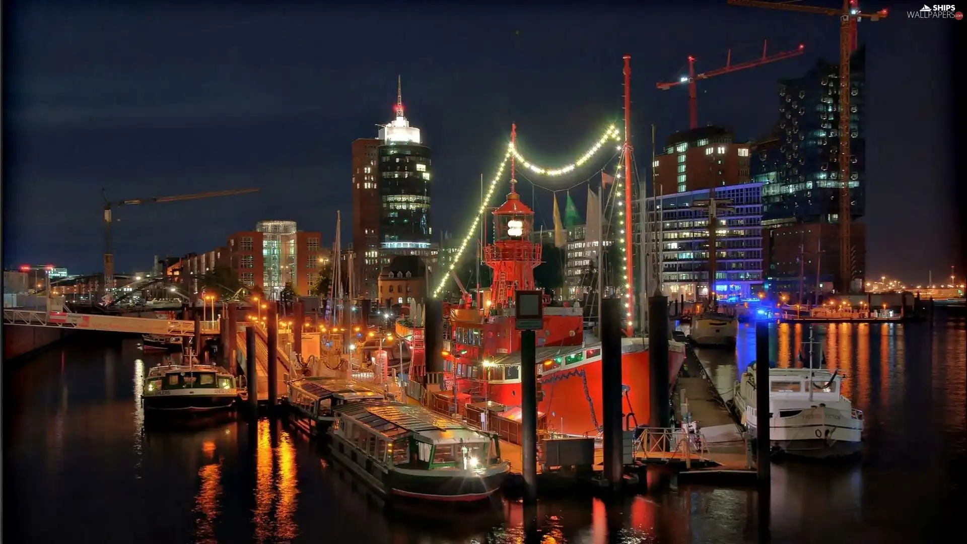 Boats, port, Lighthouse, maritime, Hamburg, night, clouds, fragment, skyscrapers