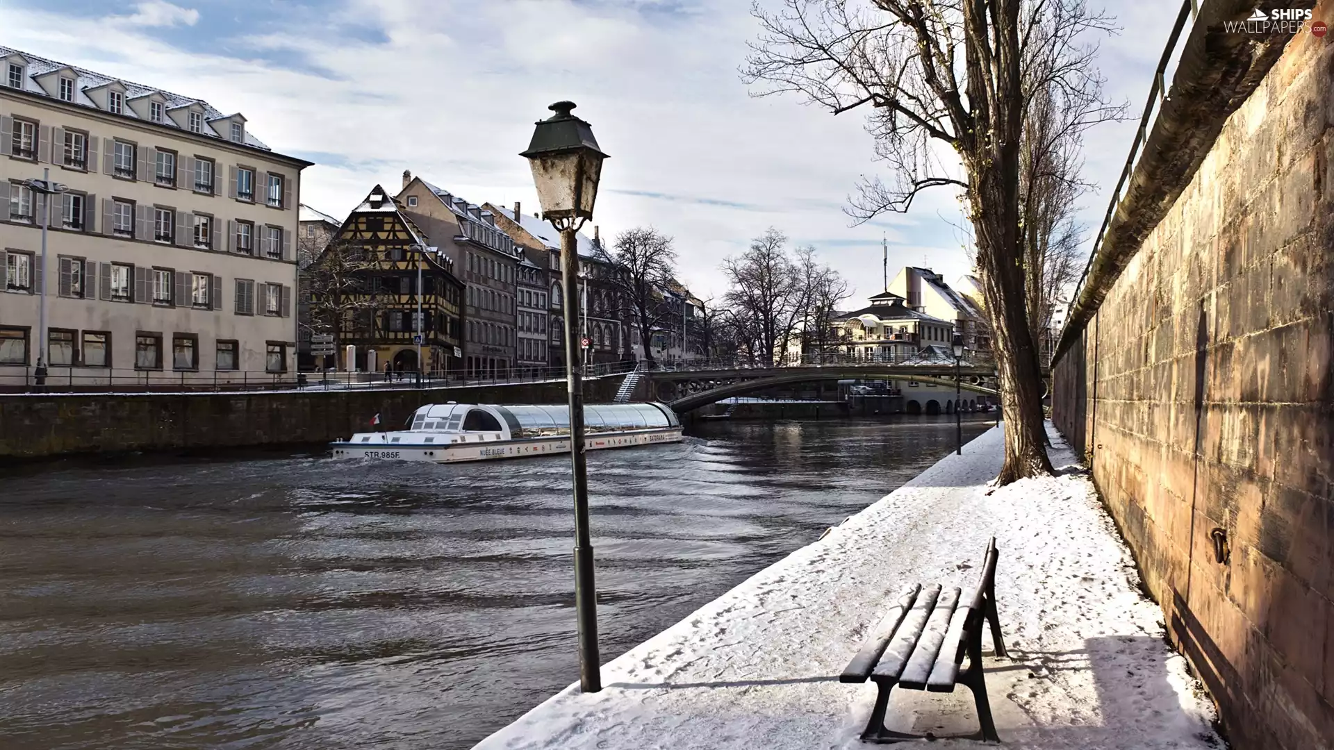 bridge, Ship, trees, winter, Bench, River, Houses, Lighthouse