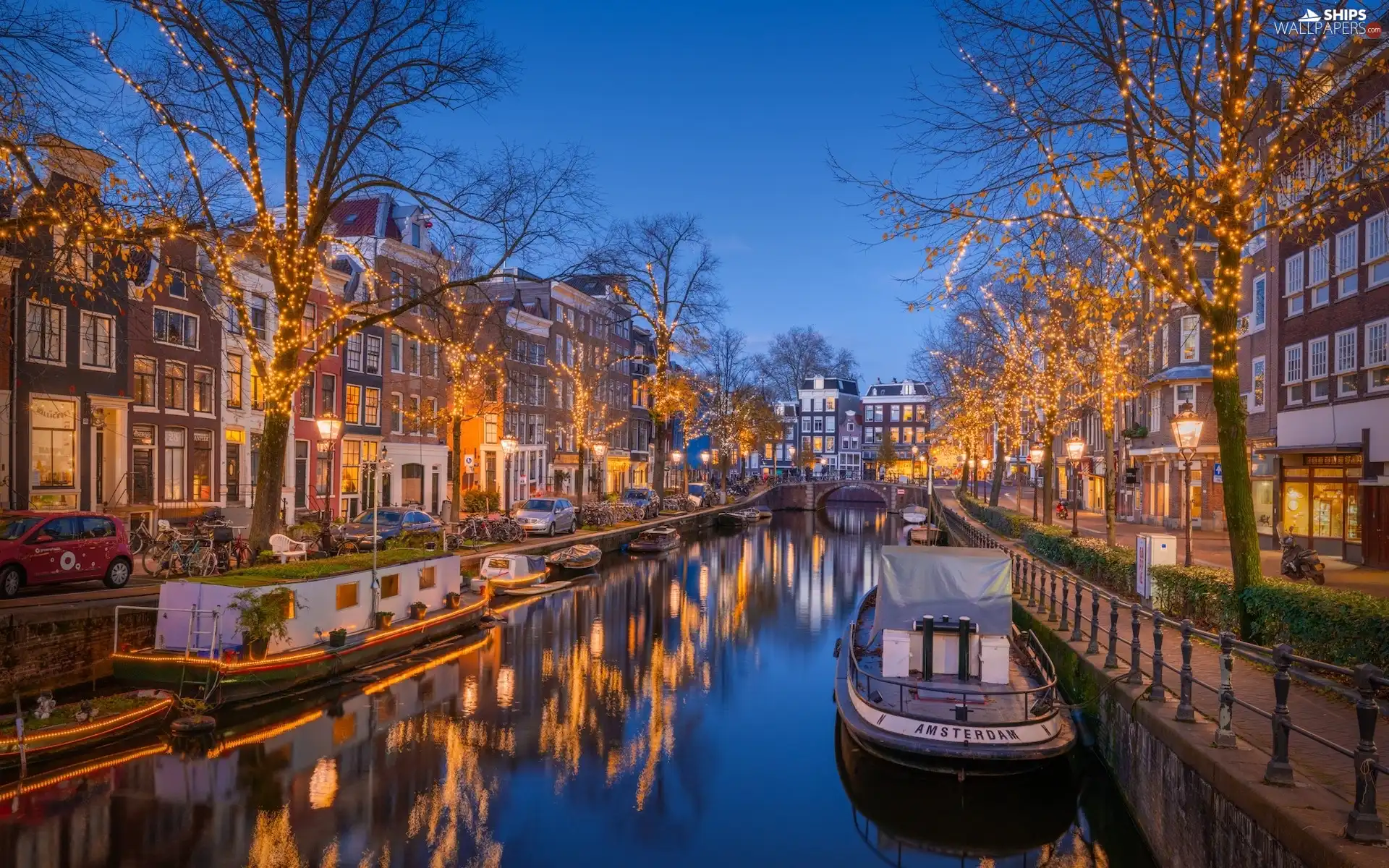 canal, boats, Netherlands, Lamp, Amsterdam, Houses, Street, lighting