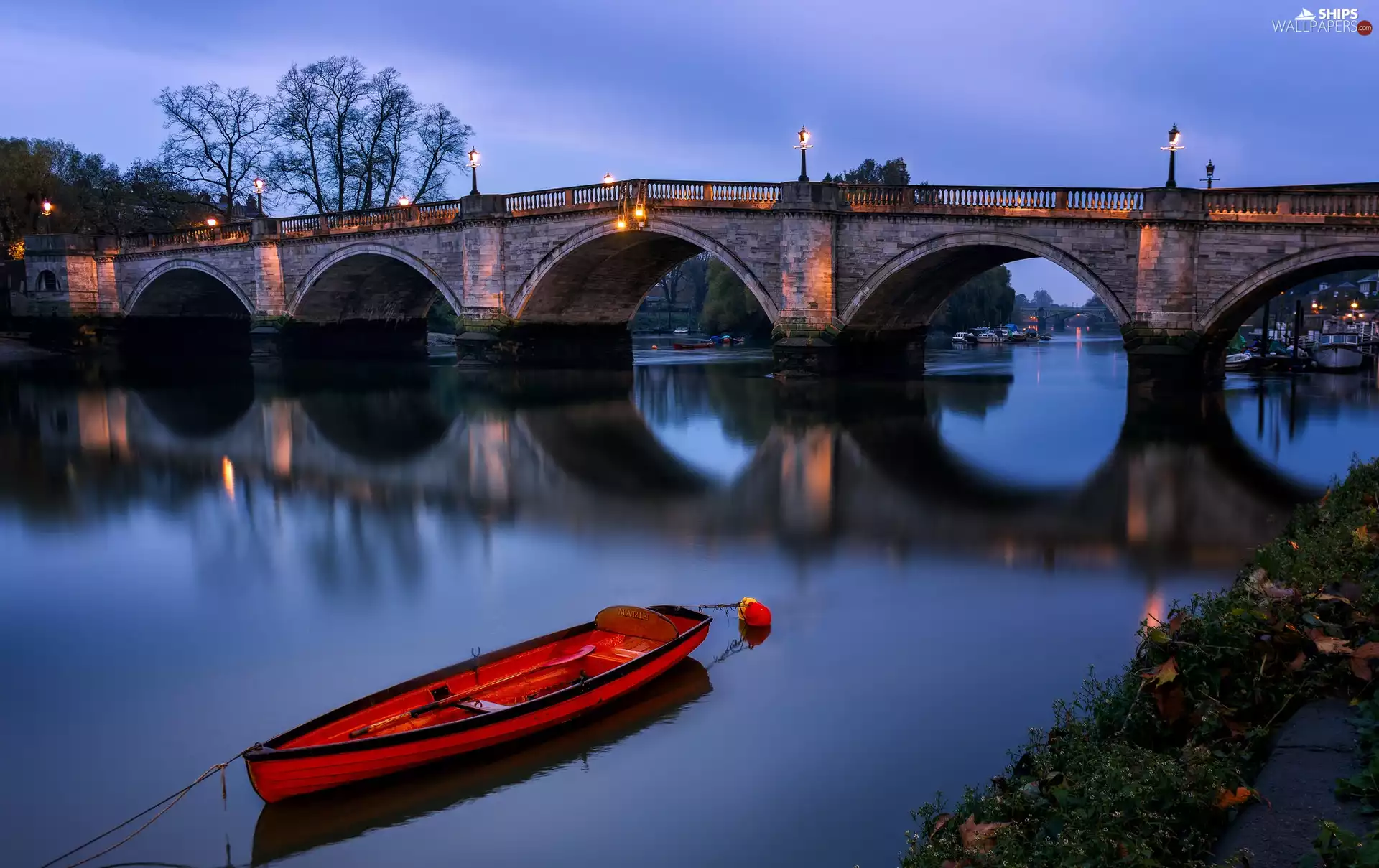 Richmond Bridge, England, River Thames, Boat, Night, London