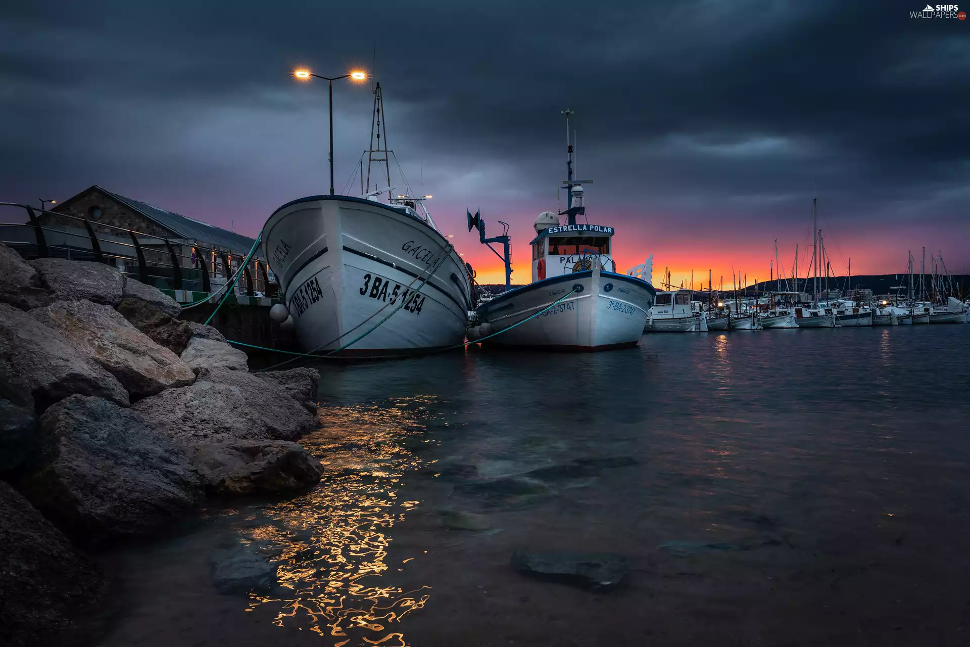 ligh, sun, Night, flash, rocks, Boats, moored, luminosity